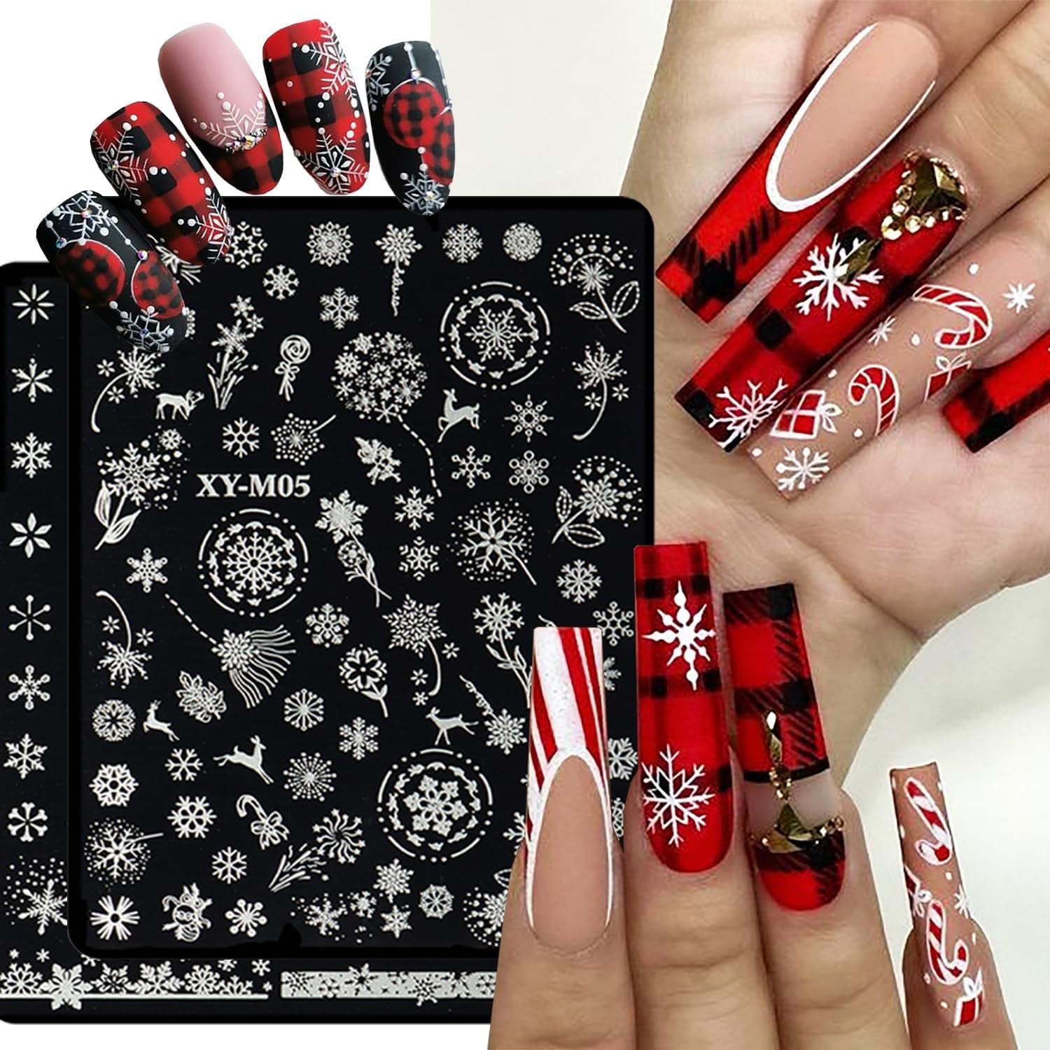 6Pcs Christmas Stamping Plates Set Winter Nail Stamp Kit Xmas Art Image Plates with Snowflakes Tree Bell Snowman Elk Designs DIY Stainless Steel Polish Template