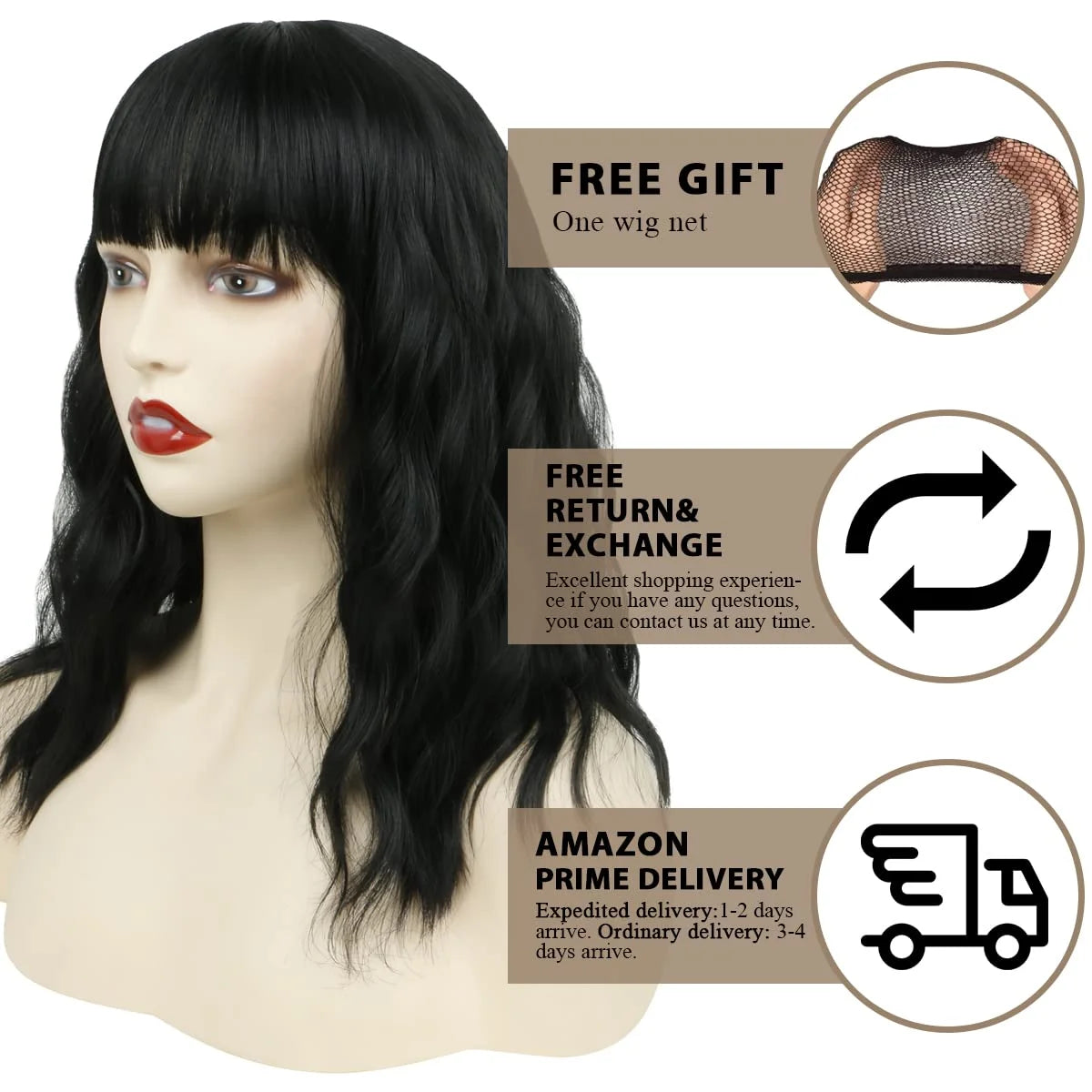 12" Short Bob Wigs for Black Women Water Wavy Wig Synthetic Black Wig with Bangs