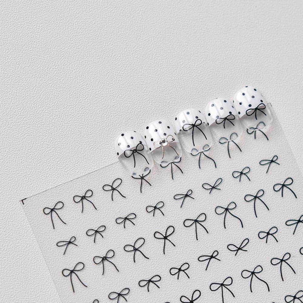 5D Embossed Designs Nail Art Stickers Decals Self Adhesive Nail Decals Black Bow Tie Mini Bowknot Line Nail Stickers Manicure Sliders for Women DIY Nail Art Decorations (02.Black Bow)