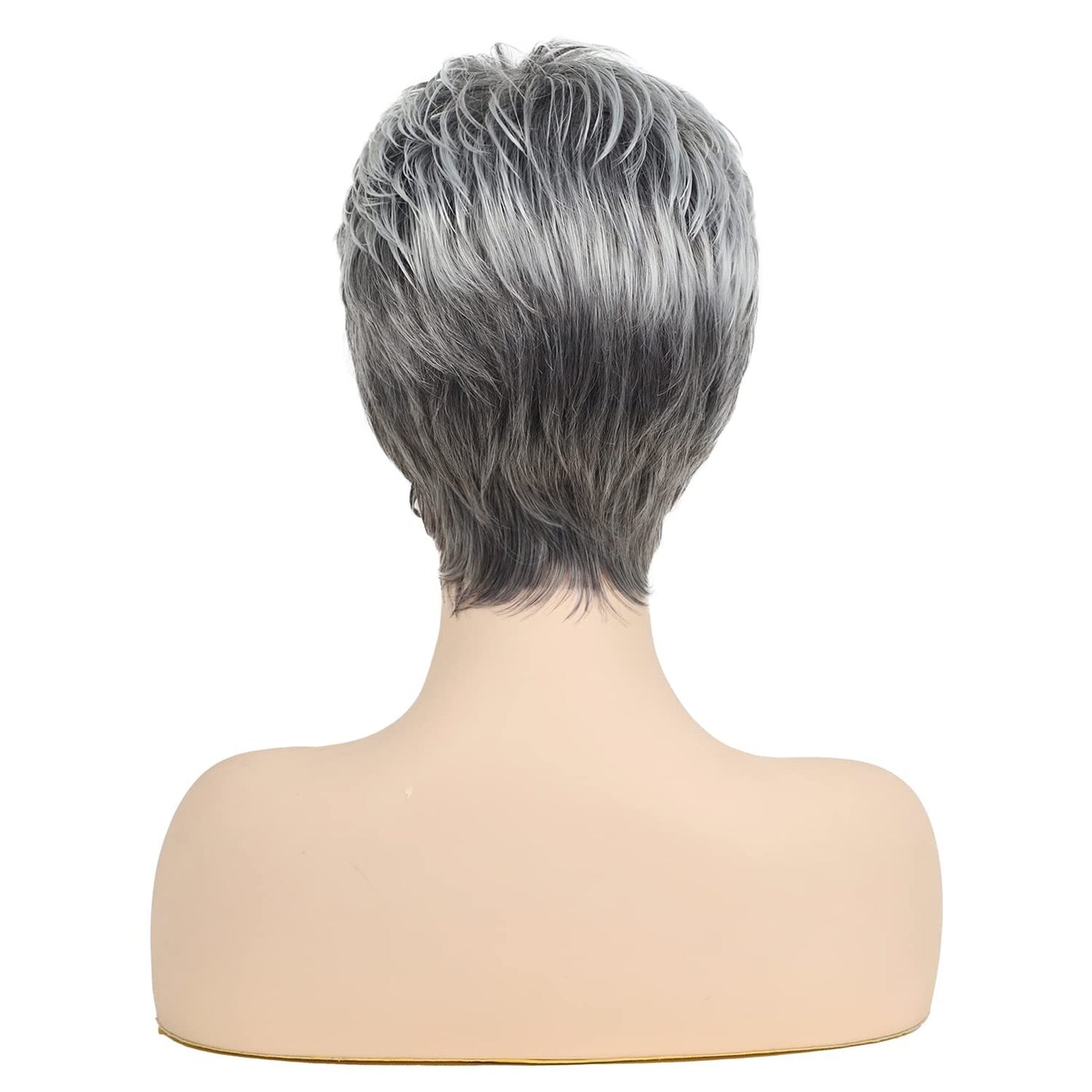 Short Grey Wigs for Women Gray White Pixie Cut Wigs with Dark Root Layered Sy...