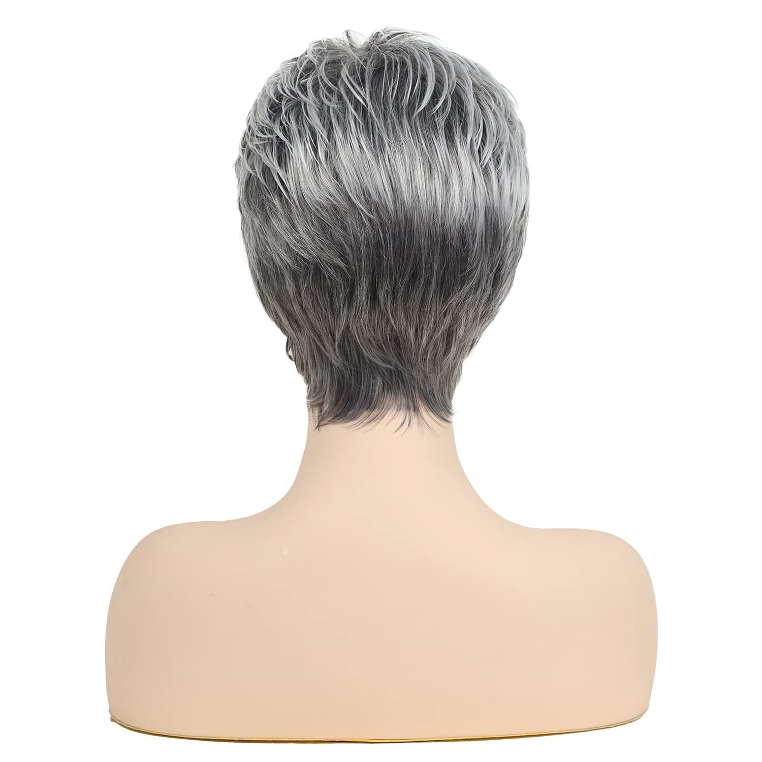 Short Grey Wigs for Women Gray White Pixie Cut Wigs with Dark Root Layered Sy...