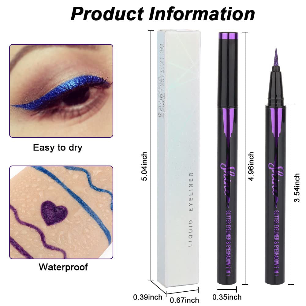 2Pcs Royal Blue & Purple Glitter Colored Liquid Eyeliner Eye Shadow Makeup Pencil Set, Purple Blue Face Body Glitter Makeup Fake Eyelashes Mascara, Sparkle Metallic Shimmer Eyeliner Waterproof